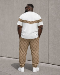 Big & Tall Men's Square Continuous Letter Printing Khaki Splicing White Short Sleeve T-Shirt Sports Pants Set