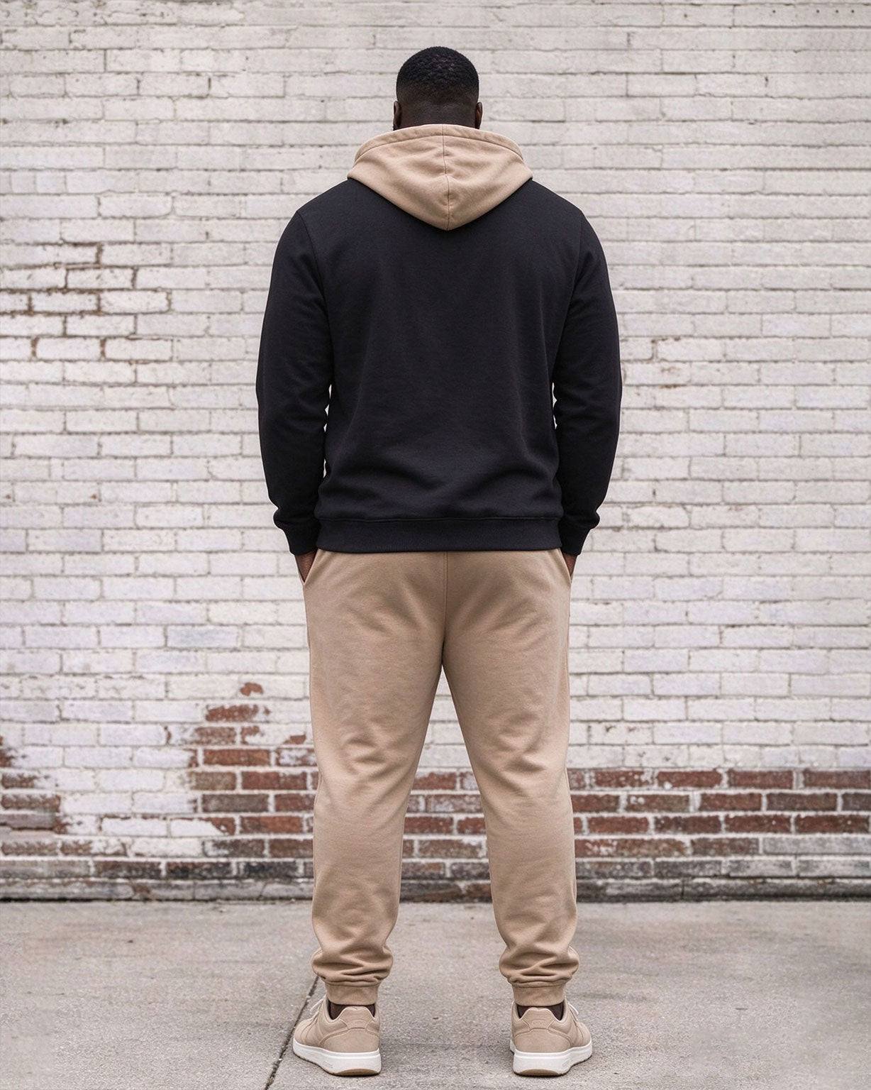 Men's Plus Size Autumn And Winter Warm Khaki & Black Irregular Geometric Patchwork Printed Hoodie Sweatpants Set