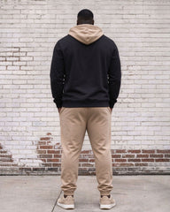 Men's Plus Size Autumn And Winter Warm Khaki & Black Irregular Geometric Patchwork Printed Hoodie Sweatpants Set