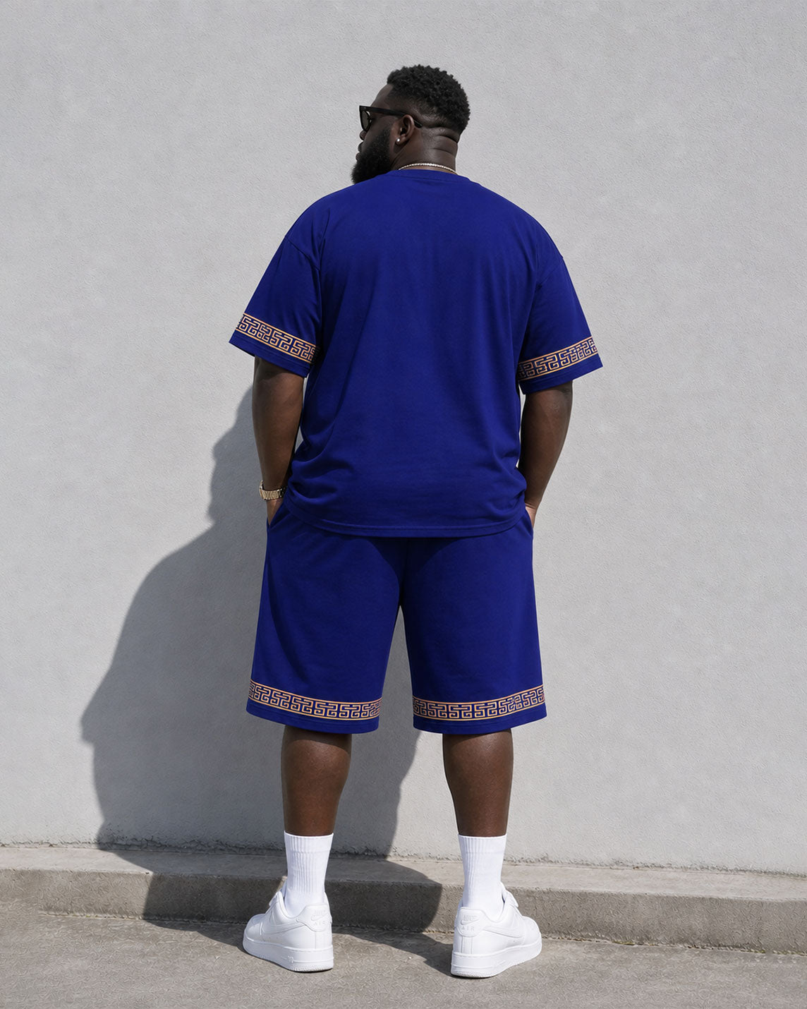 Big & Tall Men's Daily Leisure Travel Party Holiday Cuff Features Printed Chest Printed Short Sleeve T-shirt Shorts Set Royal Blue