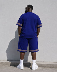 Big & Tall Men's Daily Leisure Travel Party Holiday Cuff Features Printed Chest Printed Short Sleeve T-shirt Shorts Set Royal Blue