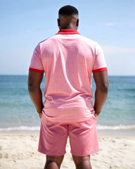 Big & Tall Men's Pink Full Print POLO Short Sleeve Shorts Set