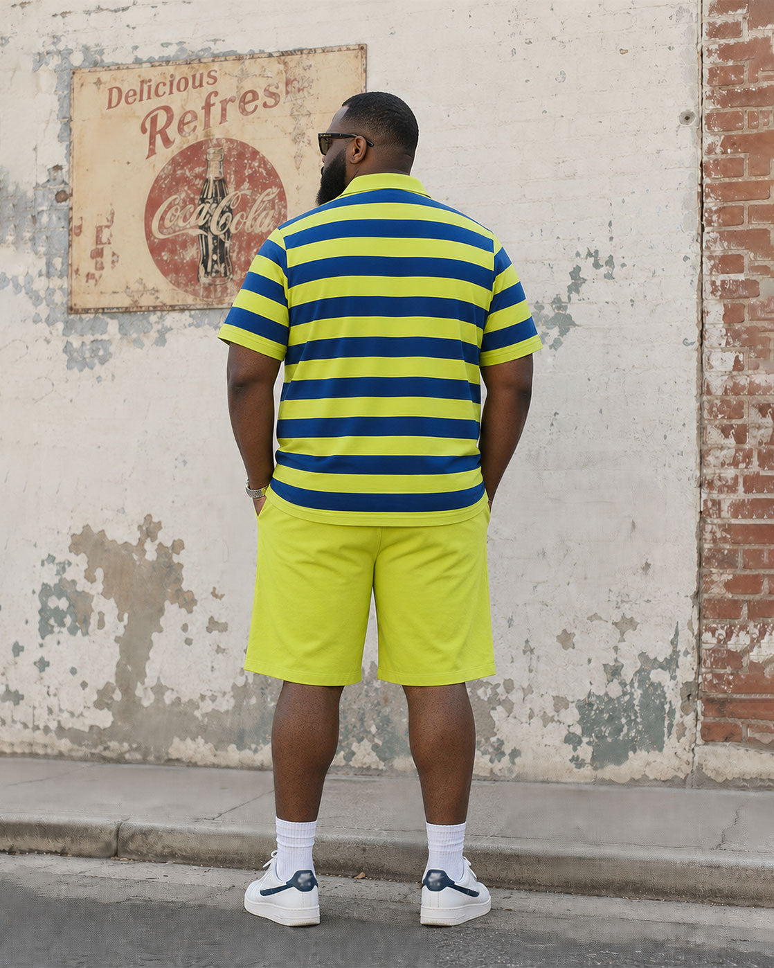 Big & Tall Men's Summer Vacation Leisure Green Striped Chest Printed Small Label POLO Shirt Short Sleeve Shorts Set