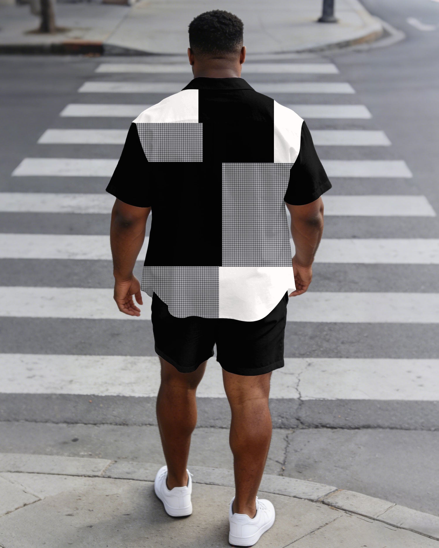 Men's Plus Size Black & Grey Plaid & Black Stitching Short Sleeve Shirt Shorts Set