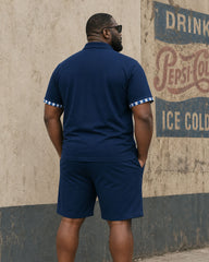 Big & Tall Men's Navy Blue Plaid Patchwork Featured Print Polo Shirt And Shorts Set