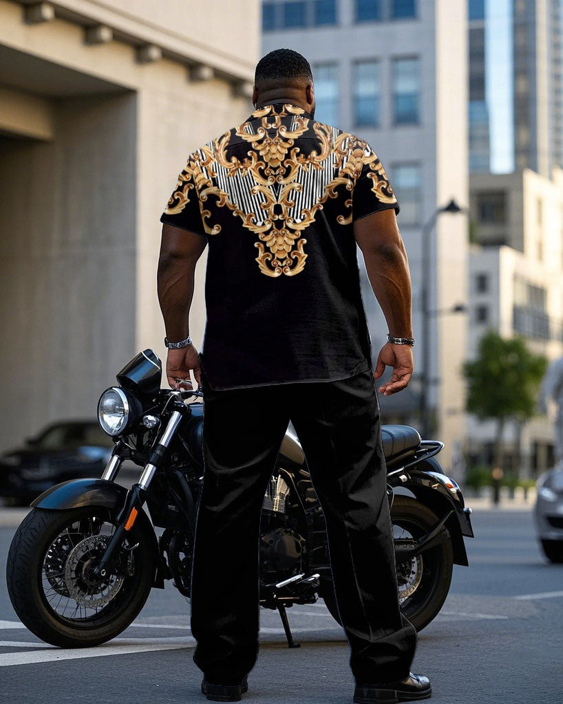 Big & Tall Men's Baroque Print Black Short Sleeve Shirt Pants Set
