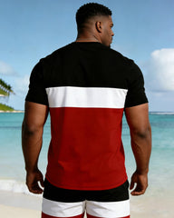 Big & Tall Men's Simple Daily Black & White & Red Contrast Stitching Short Sleeve T-shirt Shorts Set