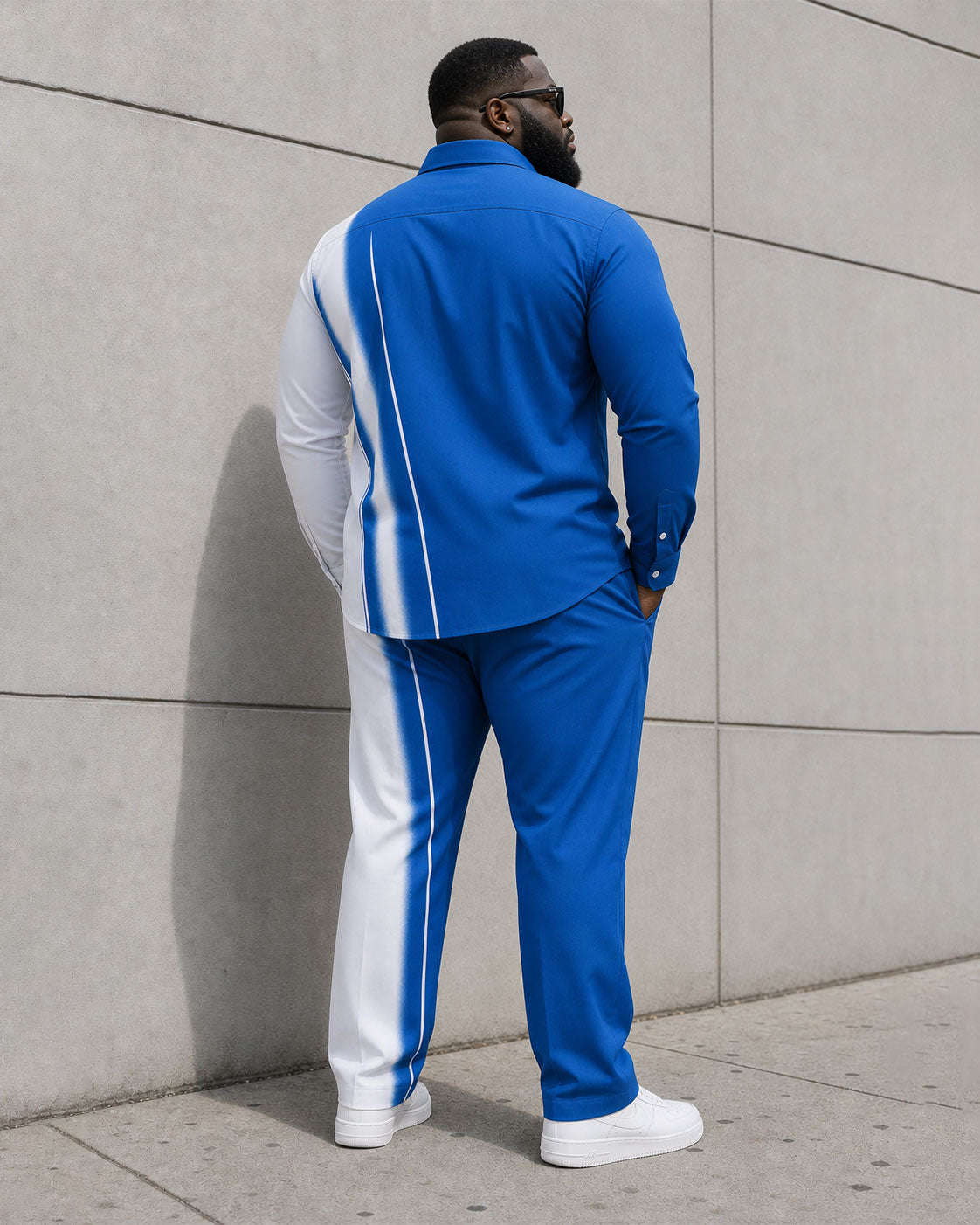 Big & Tall Men's Blue Irregular Contrast Color Business Casual Long Sleeve Shirt Pants Set
