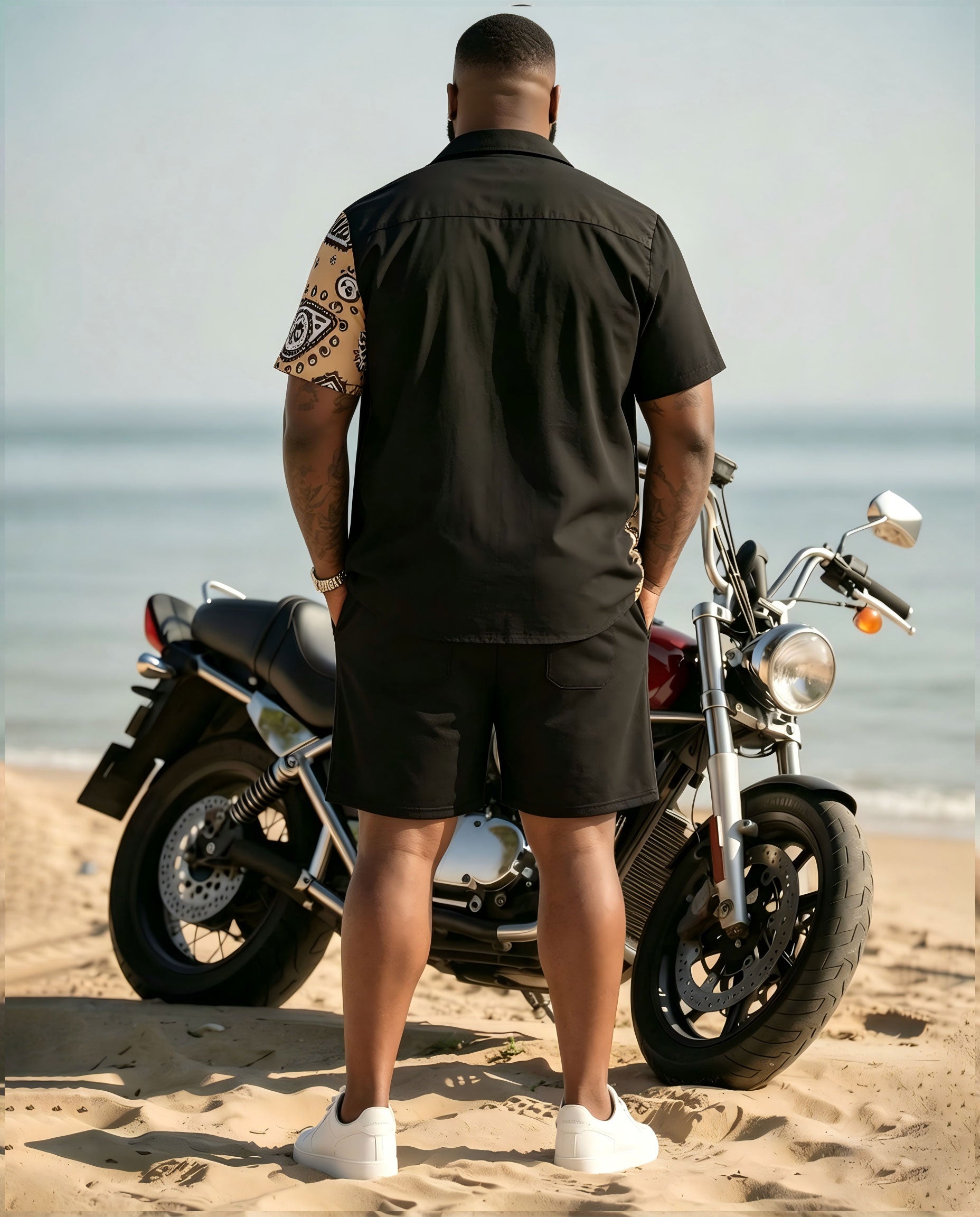 Big & Tall Men's Ethnic Pattern Vacation Leisure Hawaiian Black Short Sleeve Cardigan Shirt Shorts Set