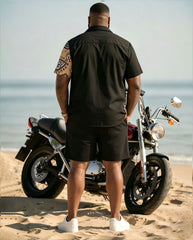 Big & Tall Men's Ethnic Pattern Vacation Leisure Hawaiian Black Short Sleeve Cardigan Shirt Shorts Set