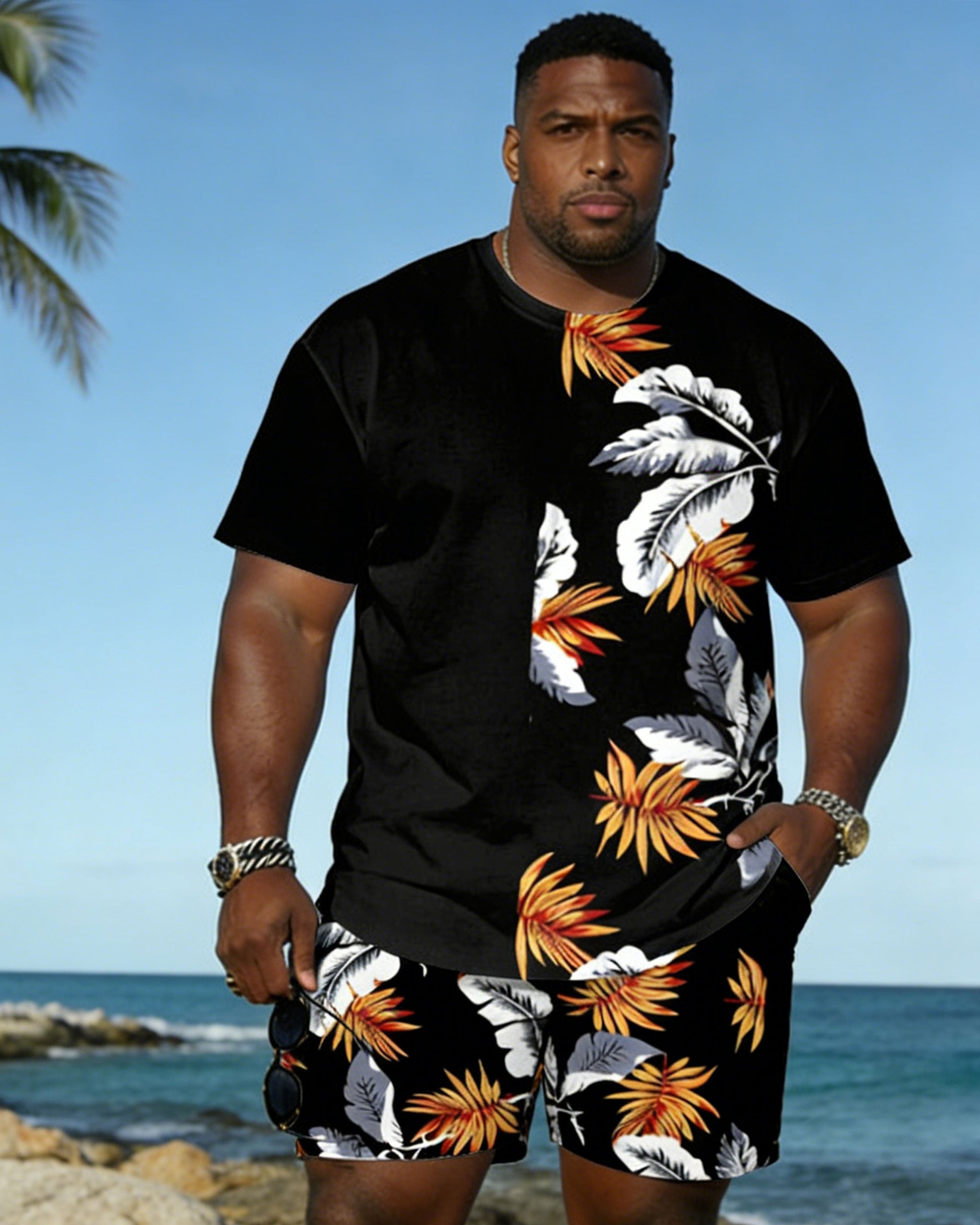 Big & Tall Spring And Summer New Valentine's Day Dating Party Party Holiday Hawaiian Flower Stitching Crewneck Short Sleeve T-Shirt Shorts Set Couple Dress