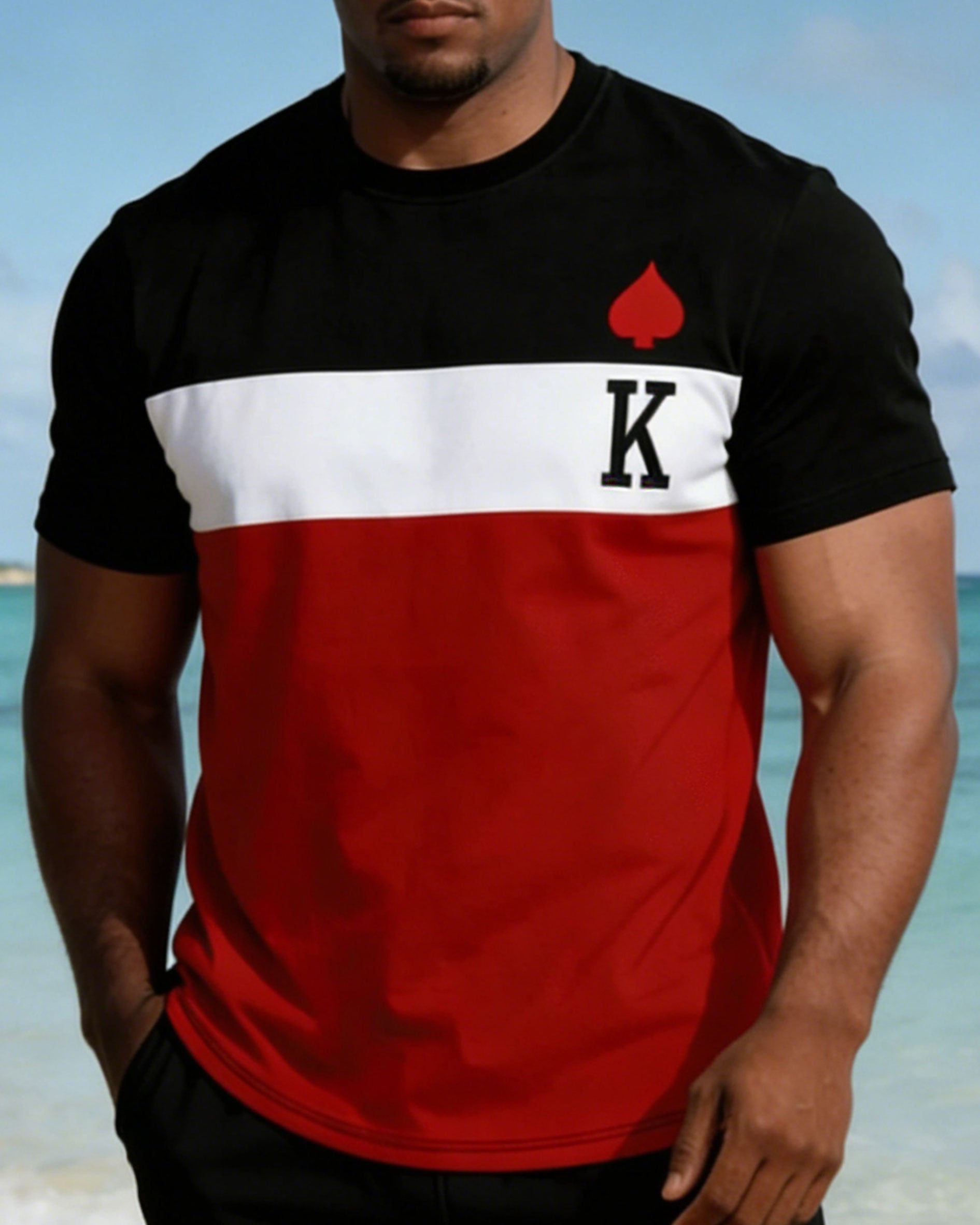 Big & Tall Men's Simple Daily Black & White & Red Contrast Stitching Short Sleeve T-shirt Shorts Set