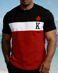 Big & Tall Men's Simple Daily Black & White & Red Contrast Stitching Short Sleeve T-shirt Shorts Set