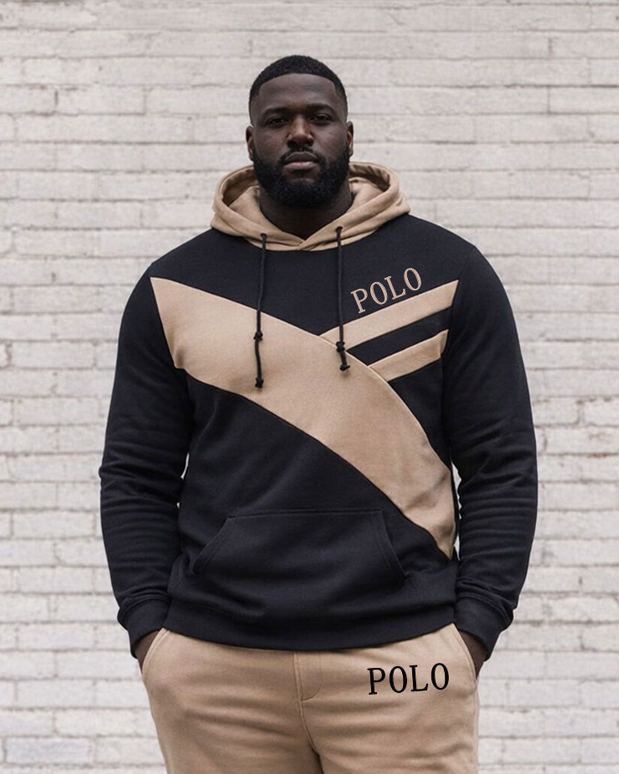Men's Plus Size Autumn And Winter Warm Khaki & Black Irregular Geometric Patchwork Printed Hoodie Sweatpants Set