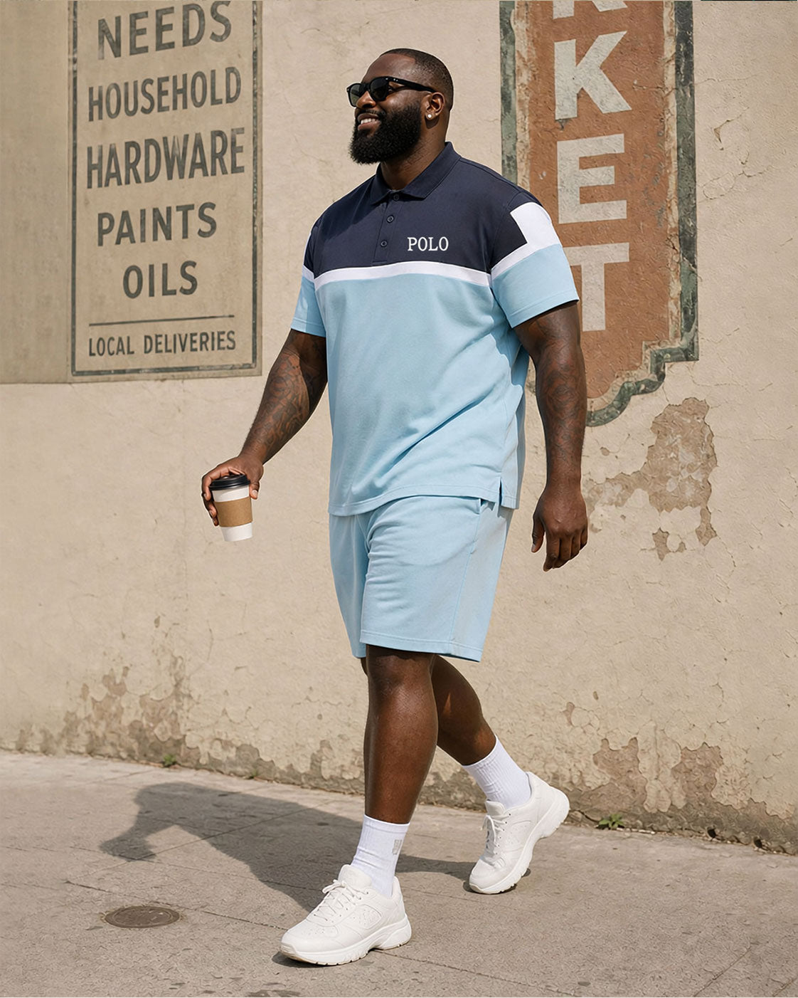 Big & Tall Men's Blue Contrast Color Simple Business Casual POLO Shirt Short Sleeve Shorts Set