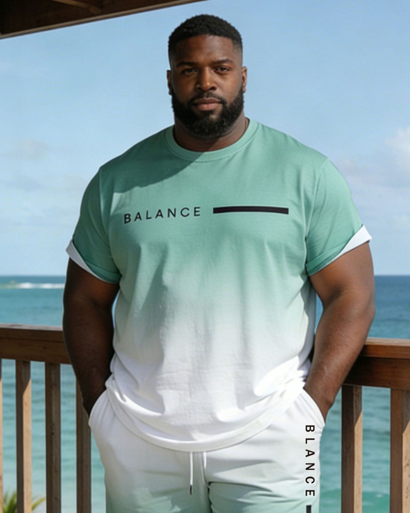 Hawaii Plus Size Men's Green Gradient Slogan Print Short Sleeve T-Shirt Shorts Set