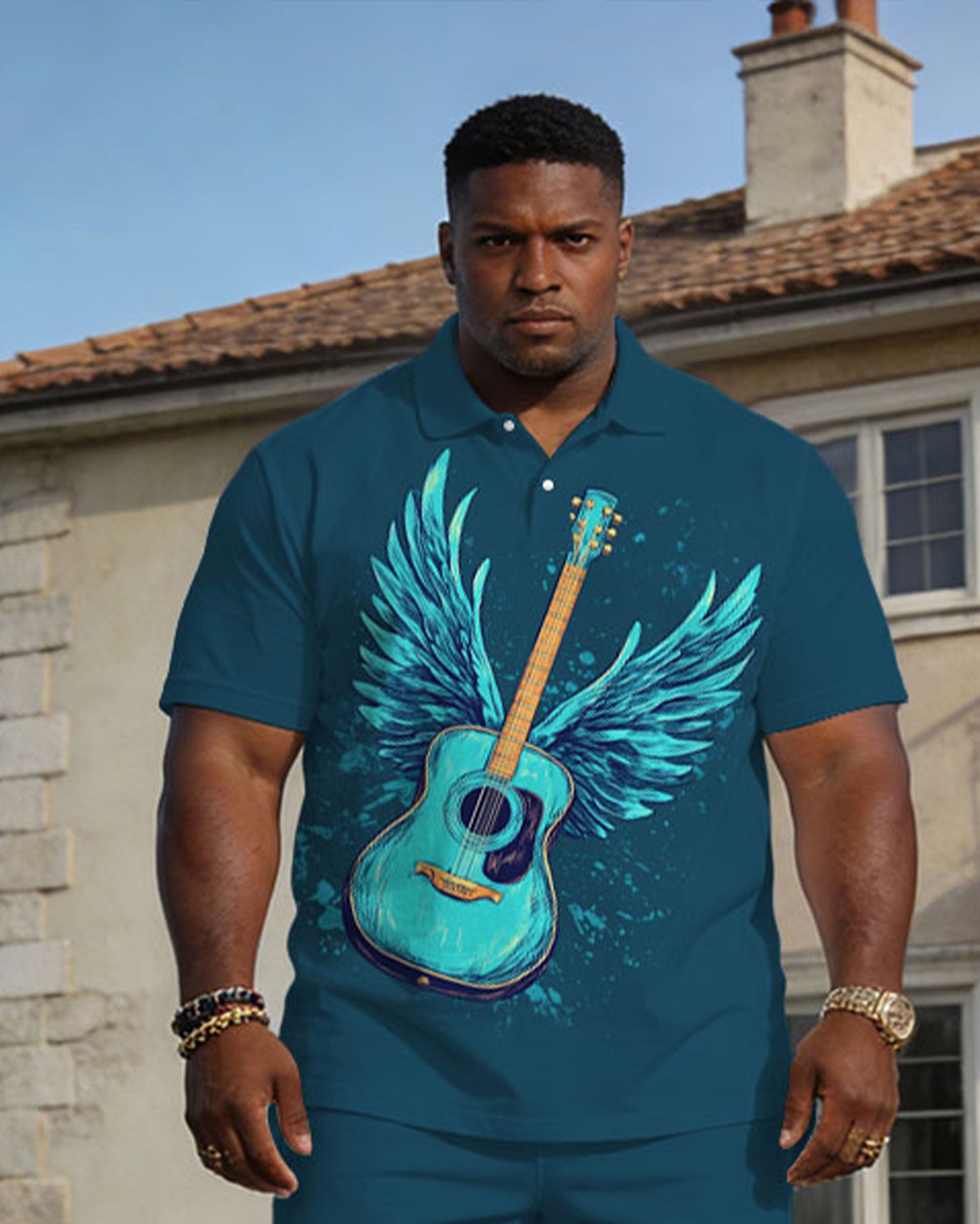 Large Size Men's Spring And Summer Casual Vacation Business Party Blue Music Pattern Short Sleeve Polo Shirt Shorts Set