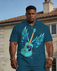 Large Size Men's Spring And Summer Casual Vacation Business Party Blue Music Pattern Short Sleeve Polo Shirt Shorts Set