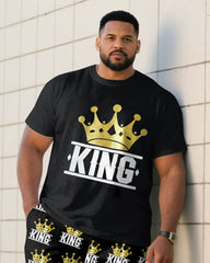 Large Size Men's "KING" King Crown Pattern Printed Short Sleeve T-shirt Shorts Set