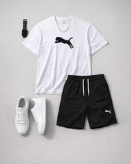 Plus-size men's simple casual furry silhouette short-sleeved T-shirt and shorts set