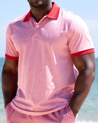 Big & Tall Men's Pink Full Print POLO Short Sleeve Shorts Set