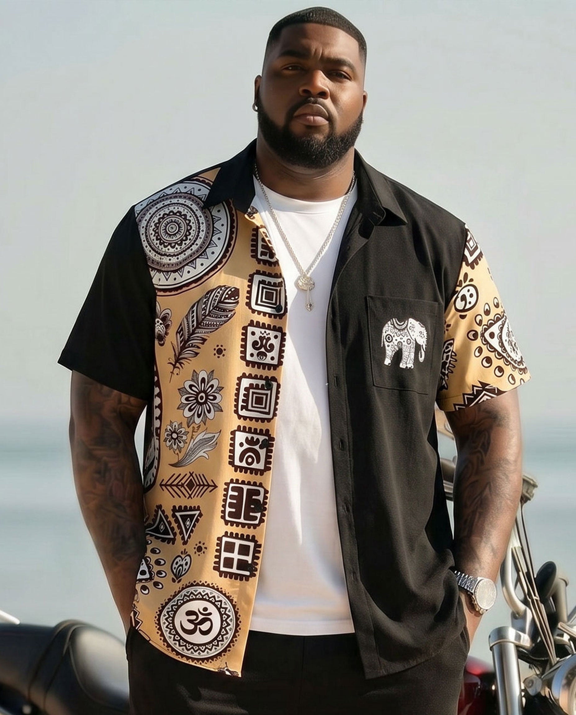 Big & Tall Men's Ethnic Pattern Vacation Leisure Hawaiian Black Short Sleeve Cardigan Shirt Shorts Set