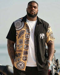 Big & Tall Men's Ethnic Pattern Vacation Leisure Hawaiian Black Short Sleeve Cardigan Shirt Shorts Set