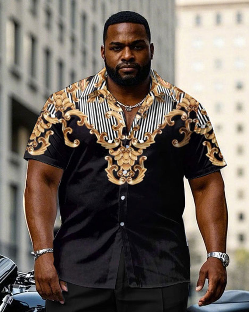 Big & Tall Men's Baroque Print Black Short Sleeve Shirt Pants Set