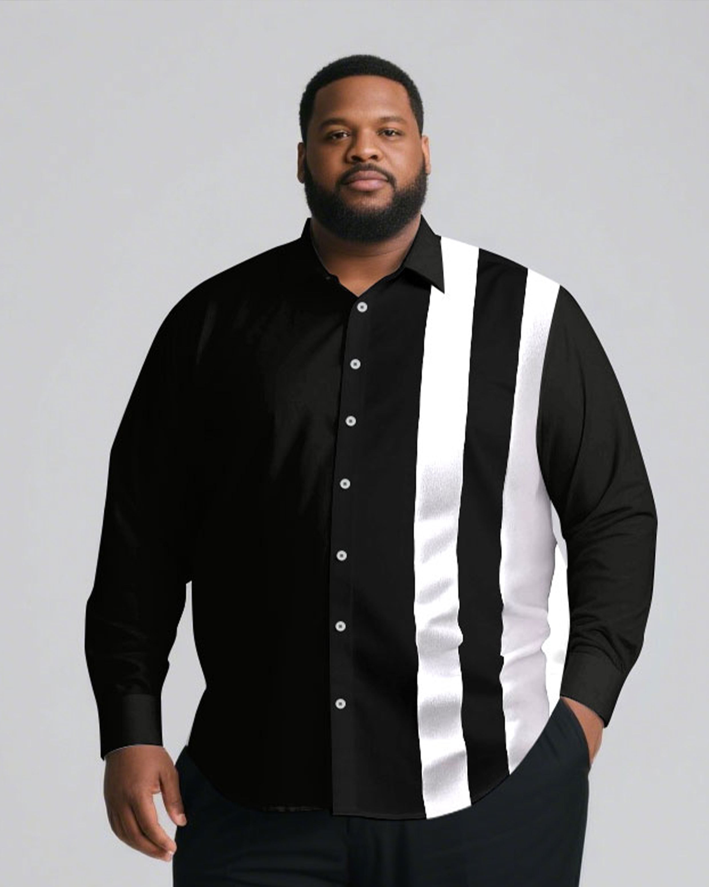 Men's Plus Size Casual Simple Black & White Color Contrast Simple Long Sleeve Shirt Trousers Business Casual Suit