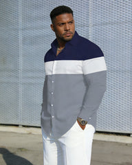 Men's Plus Size Casual Vacation Party Couple Dressing Dress Up Blue & White & Grey Stitching Anti-Wrinkle New Lasel Long Sleeve Shirt