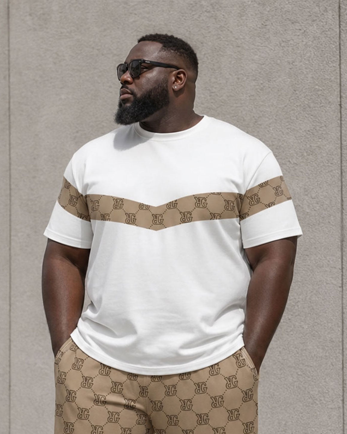 Big & Tall Men's Square Continuous Letter Printing Khaki Splicing White Short Sleeve T-Shirt Sports Pants Set