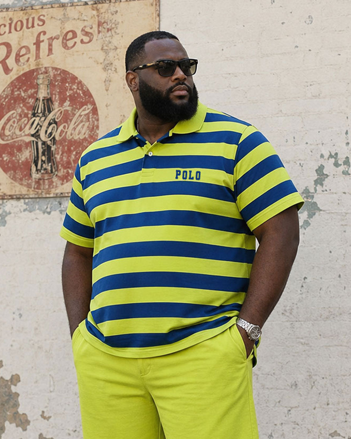 Big & Tall Men's Summer Vacation Leisure Green Striped Chest Printed Small Label POLO Shirt Short Sleeve Shorts Set