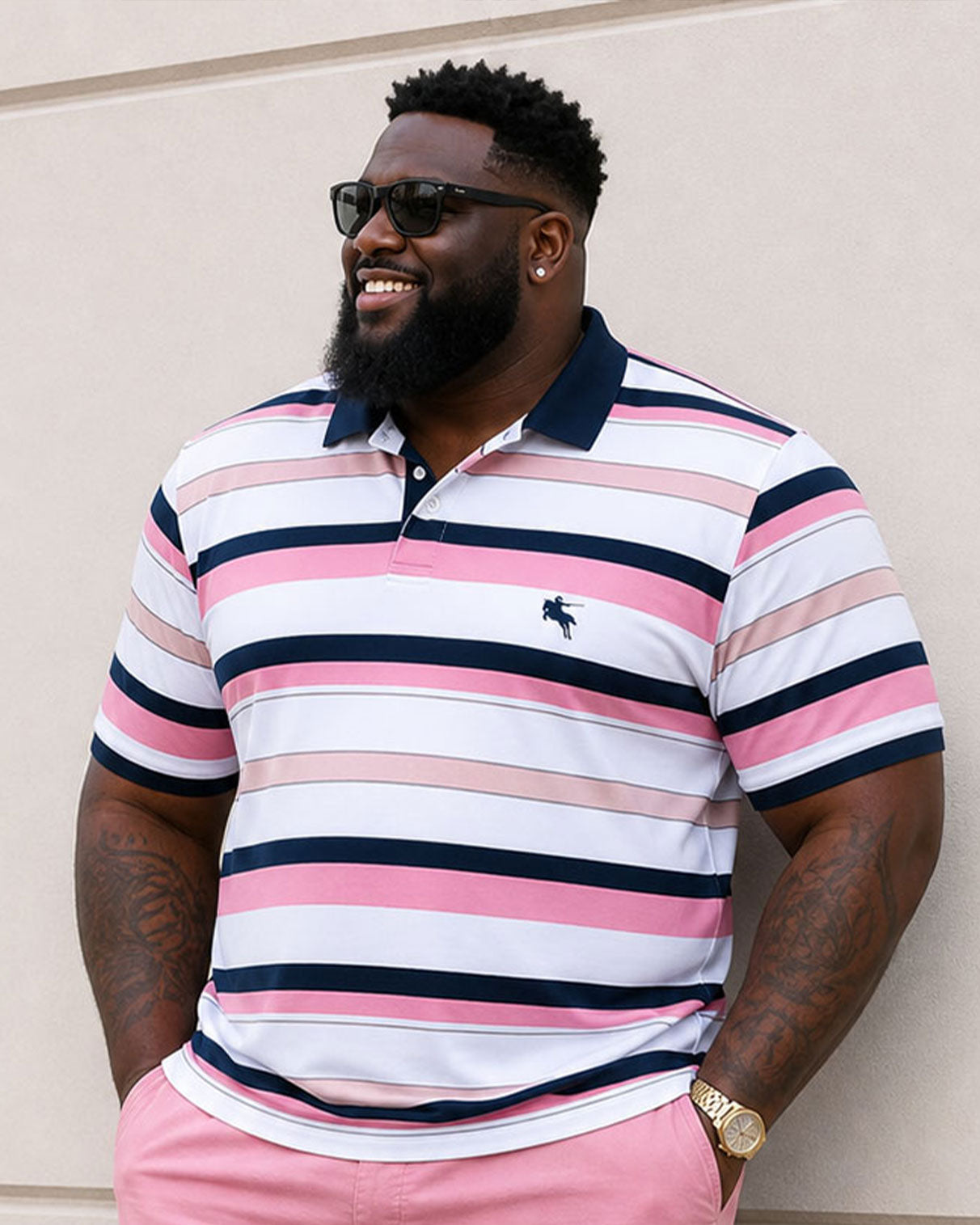 Big & Tall Men's Pink Striped Chest Small Label Printed Daily Travel Casual POLO Shirt Short Sleeve Shorts Set