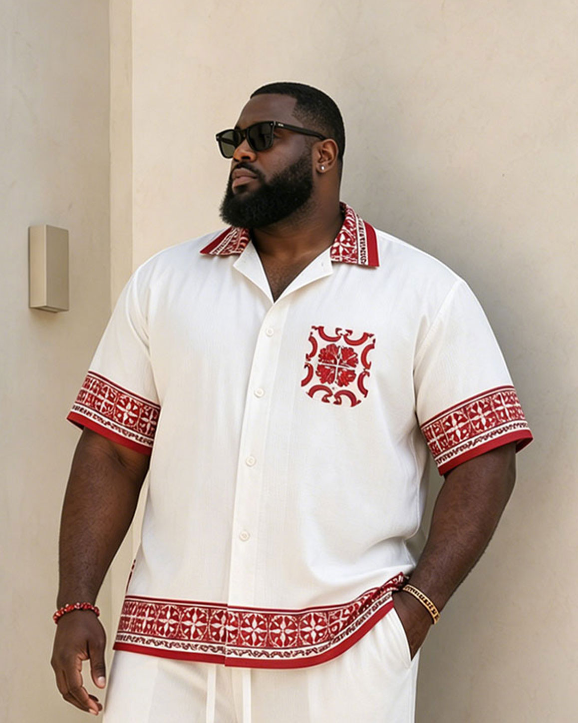 Big & Tall Men's Red Baroque Pattern Symmetrical Printed Button Short Sleeve Shirt Shorts Set