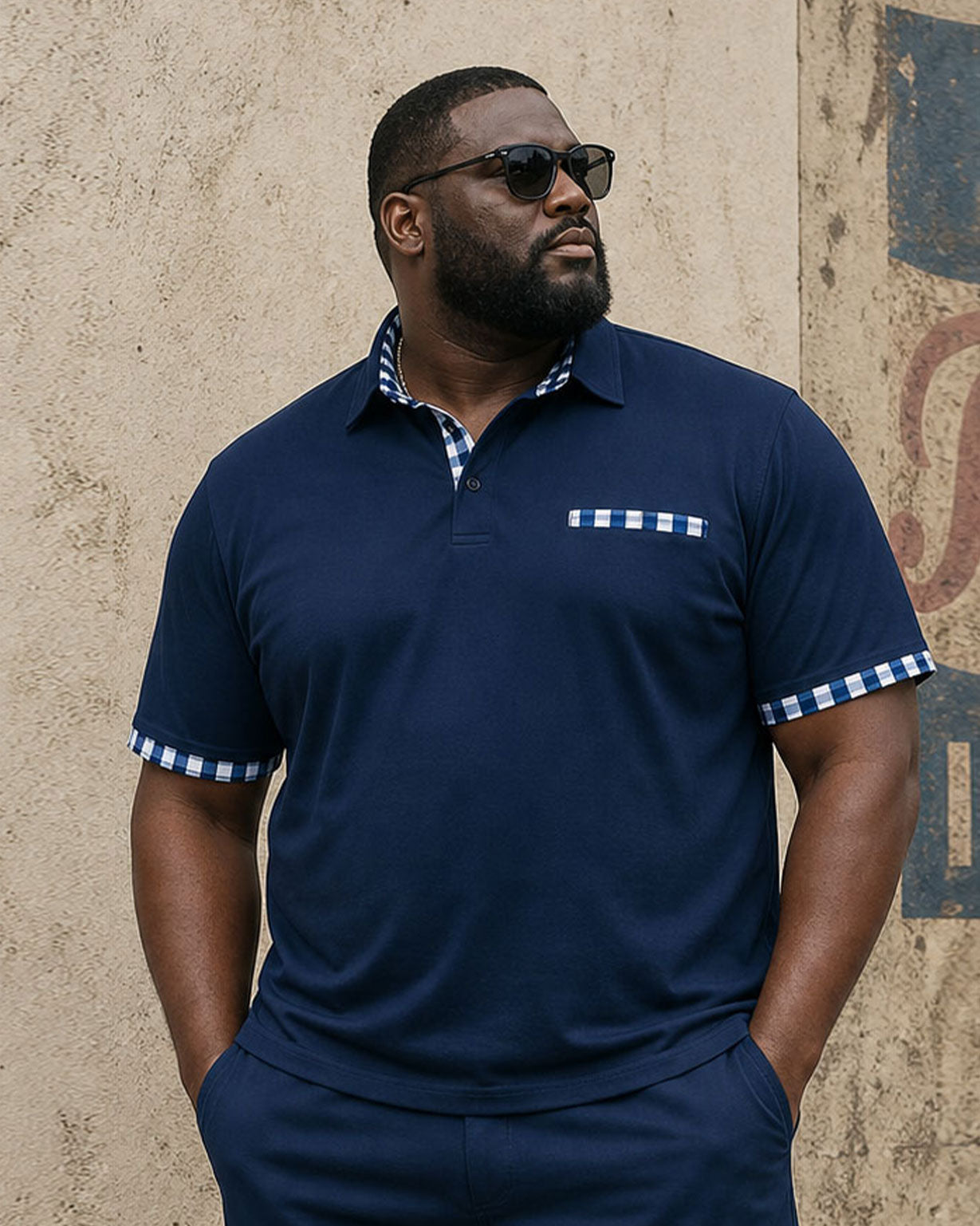 Big & Tall Men's Navy Blue Plaid Patchwork Featured Print Polo Shirt And Shorts Set
