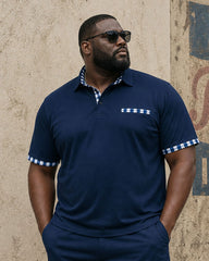 Big & Tall Men's Navy Blue Plaid Patchwork Featured Print Polo Shirt And Shorts Set