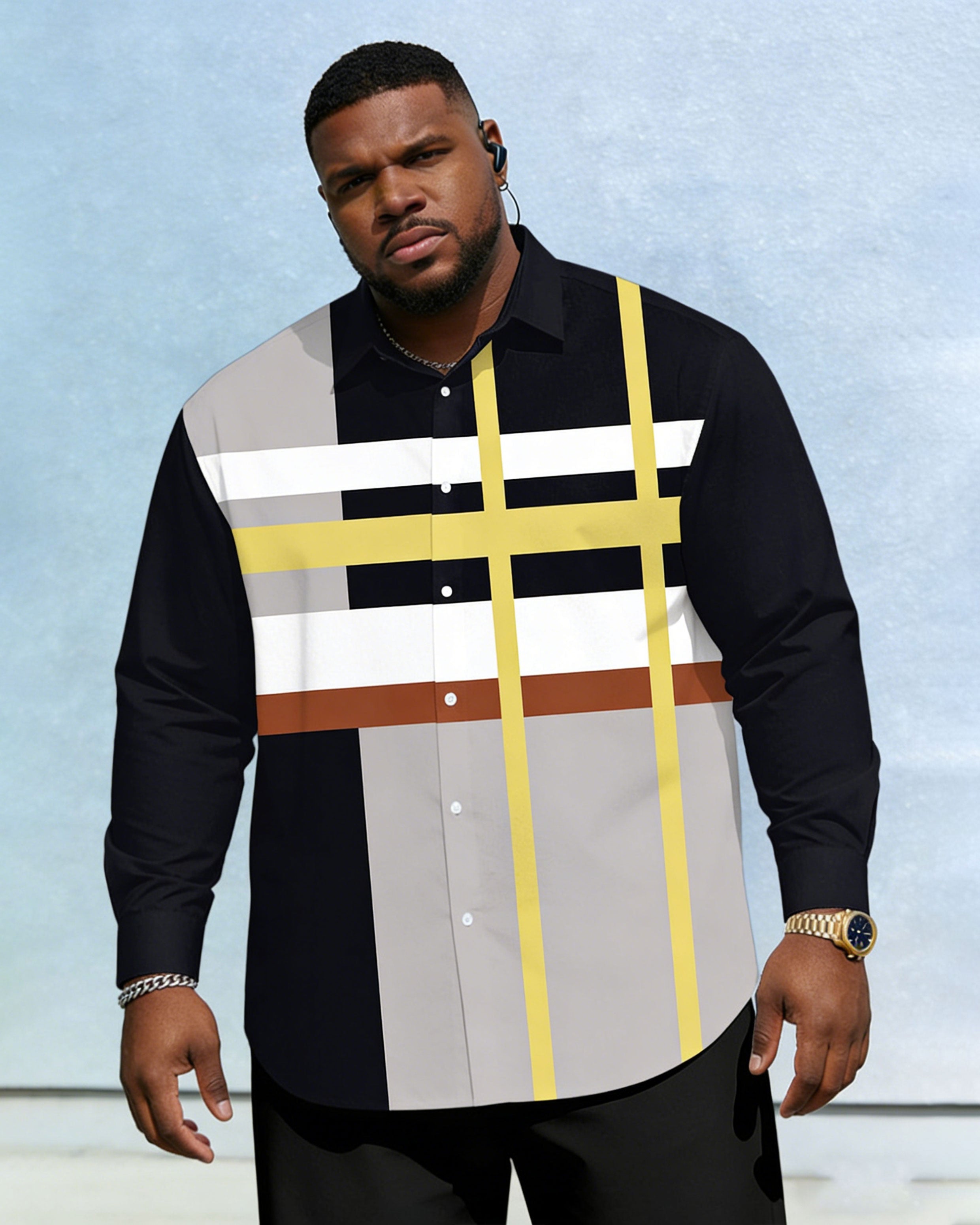 Men's Large Size Casual Vacation Dating Color Block Stitching Black Wrinkle-proof New Lasel Long-sleeved Shirt