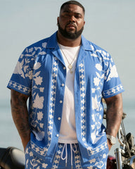 Big & Tall Men's Hawaiian Baroque Floral Symmetrical Print Cardigan Short Sleeve Shirt Shorts Set