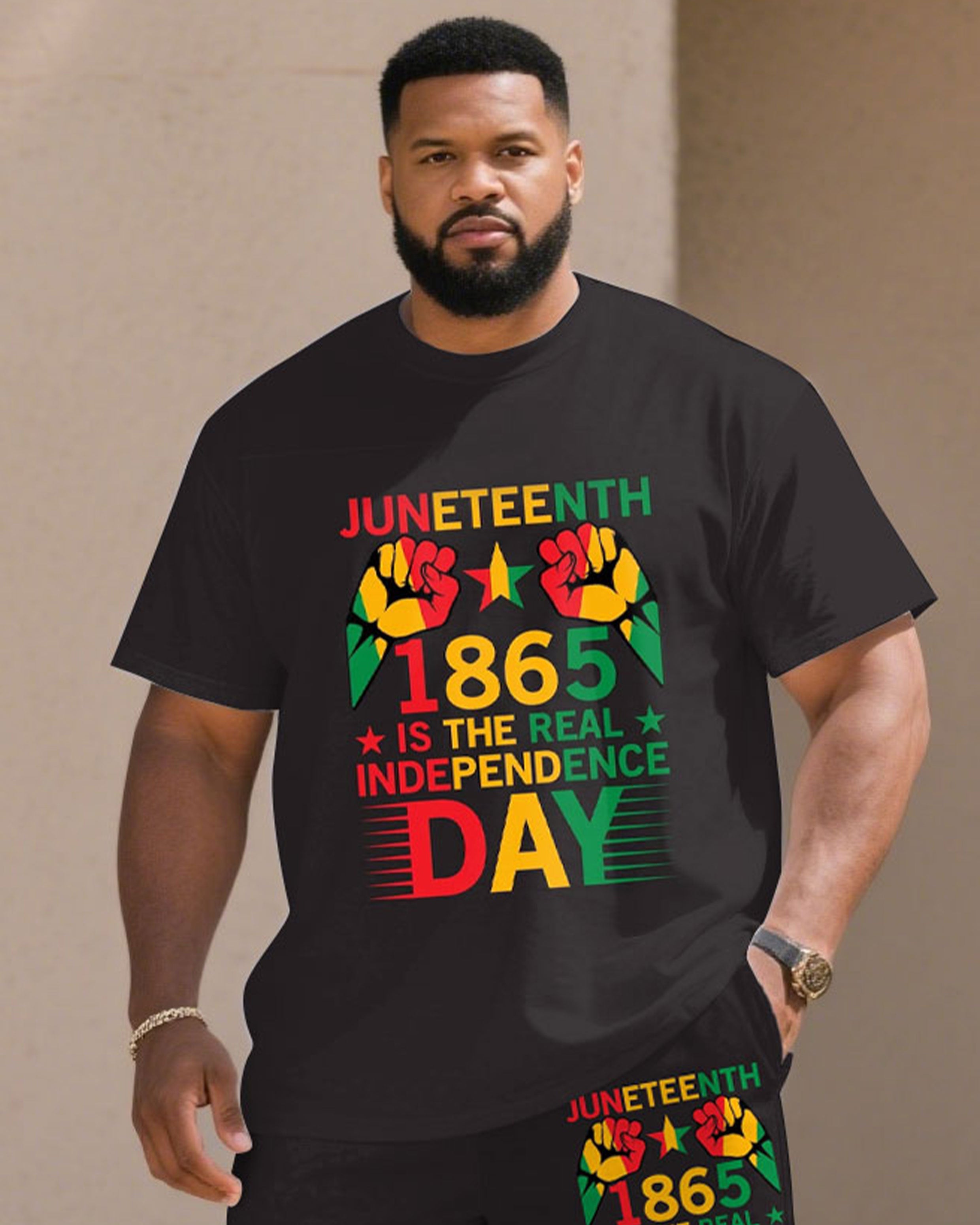 Big & Tall Men' Black June Day Memorial Peace/Freedom/Respect Short Sleeve T-Shirt Shorts Set