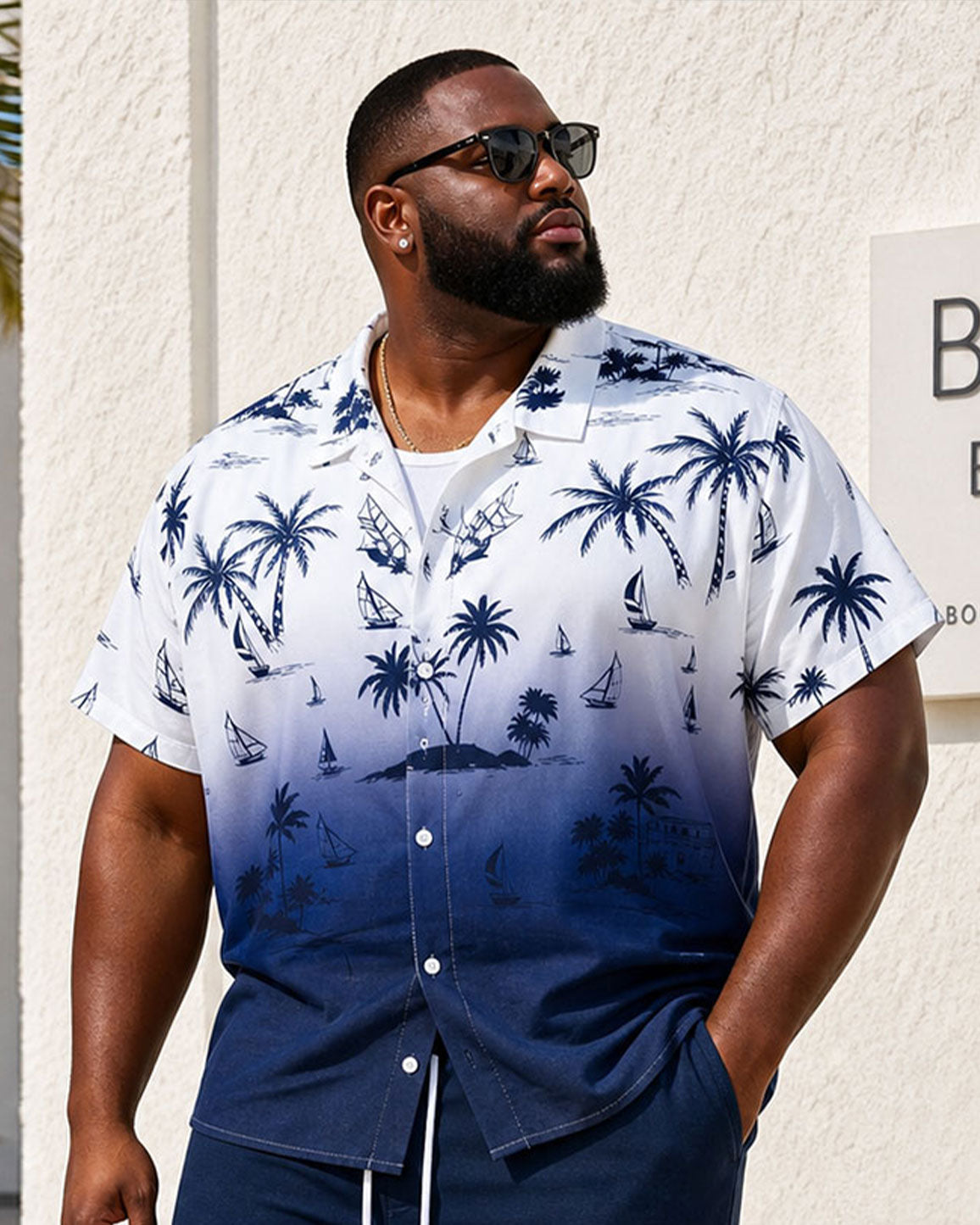 Big & Tall Men’s Gradient Dark Blue Floral Shirt Hawaiian Vacation Casual Outing Short-Sleeve Button-Down Shirt And Shorts Set