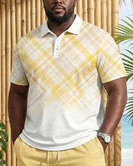 Big & Tall Men's Yellow Gradient Plaid Holiday Leisure POLO Shirt Short Sleeve Shorts Set
