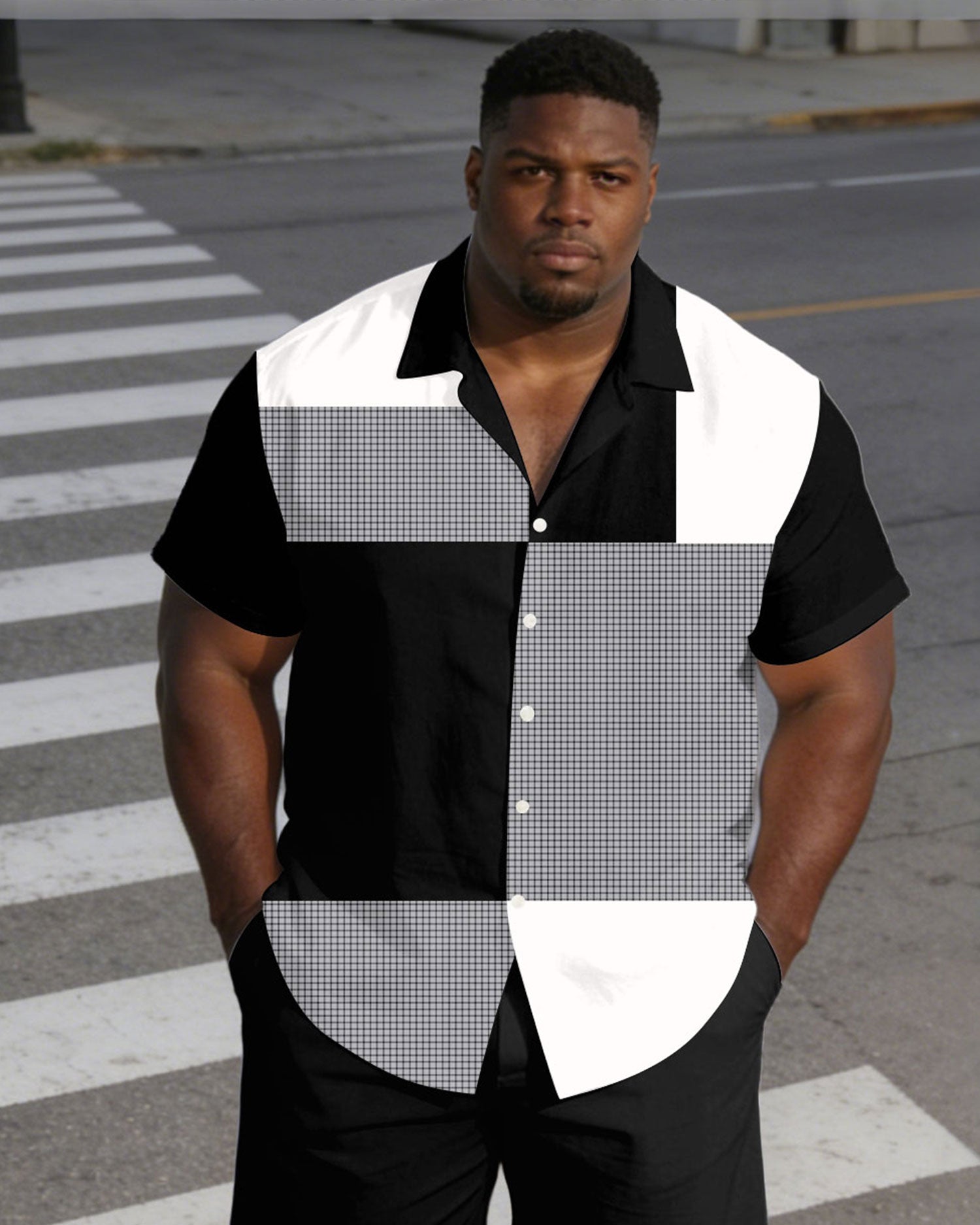 Men's Plus Size Black & Grey Plaid & Black Stitching Short Sleeve Shirt Shorts Set