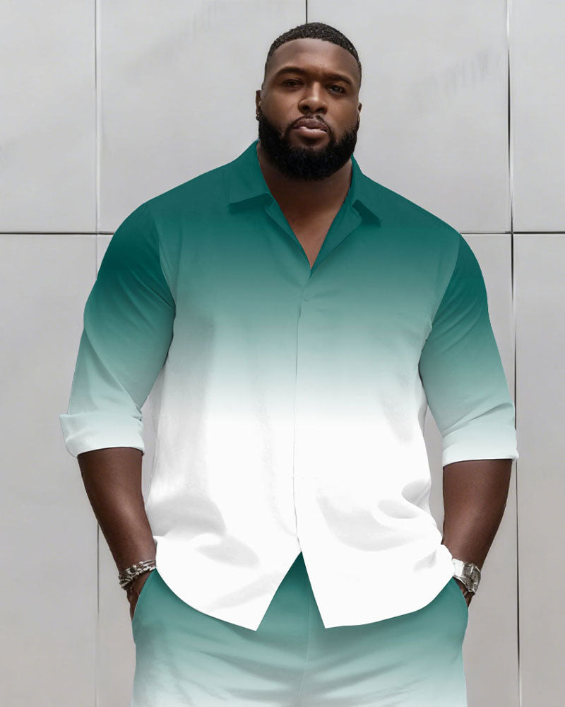 Big & Tall Men's Business Simple Gradient Contrast 2 Color Choice Long Sleeve Shirt Shorts Set