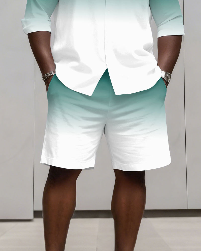 Big & Tall Men's Business Simple Gradient Contrast 2 Color Choice Long Sleeve Shirt Shorts Set