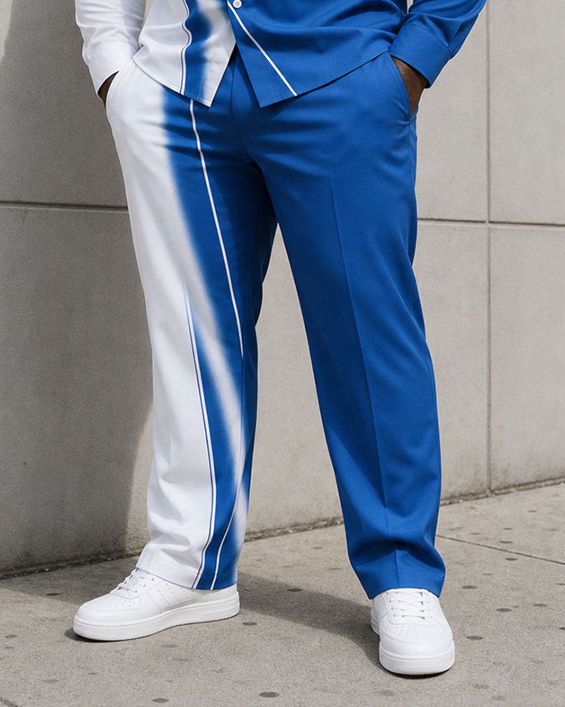 Big & Tall Men's Blue Irregular Contrast Color Business Casual Long Sleeve Shirt Pants Set