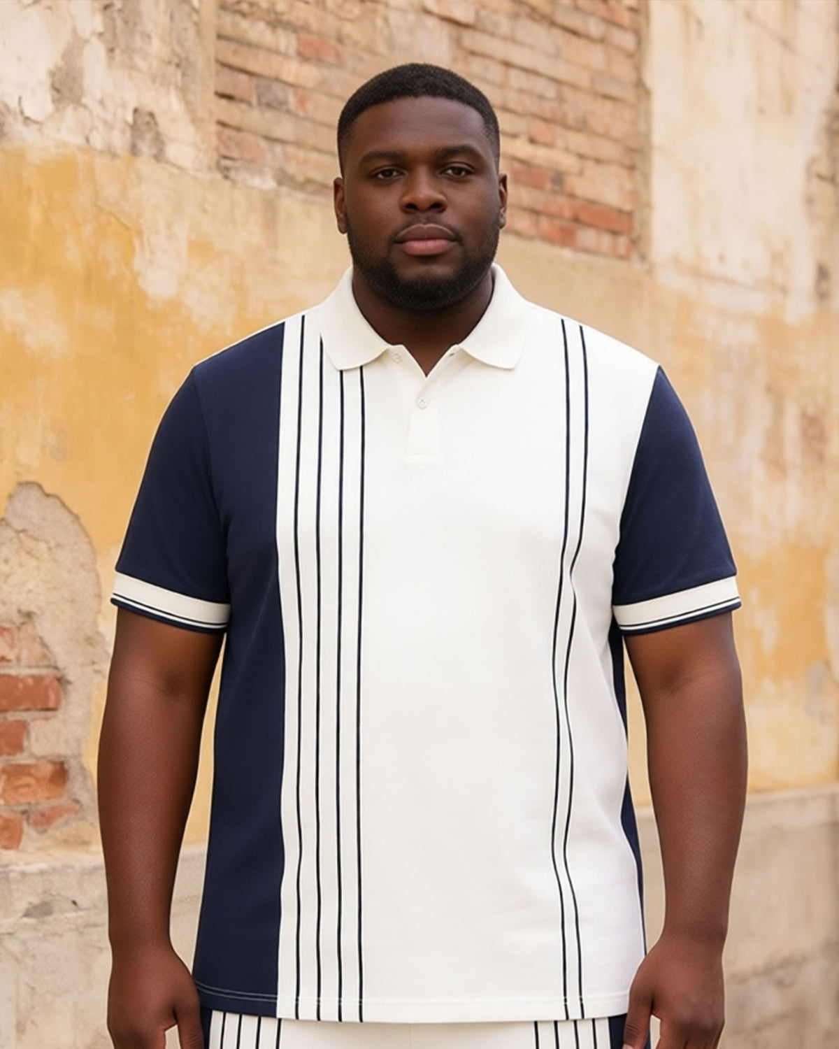Big & Tall Men's Dark Blue & White Striped Polo Shirt Short Sleeve Shorts Set