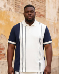 Big & Tall Men's Dark Blue & White Striped Polo Shirt Short Sleeve Shorts Set
