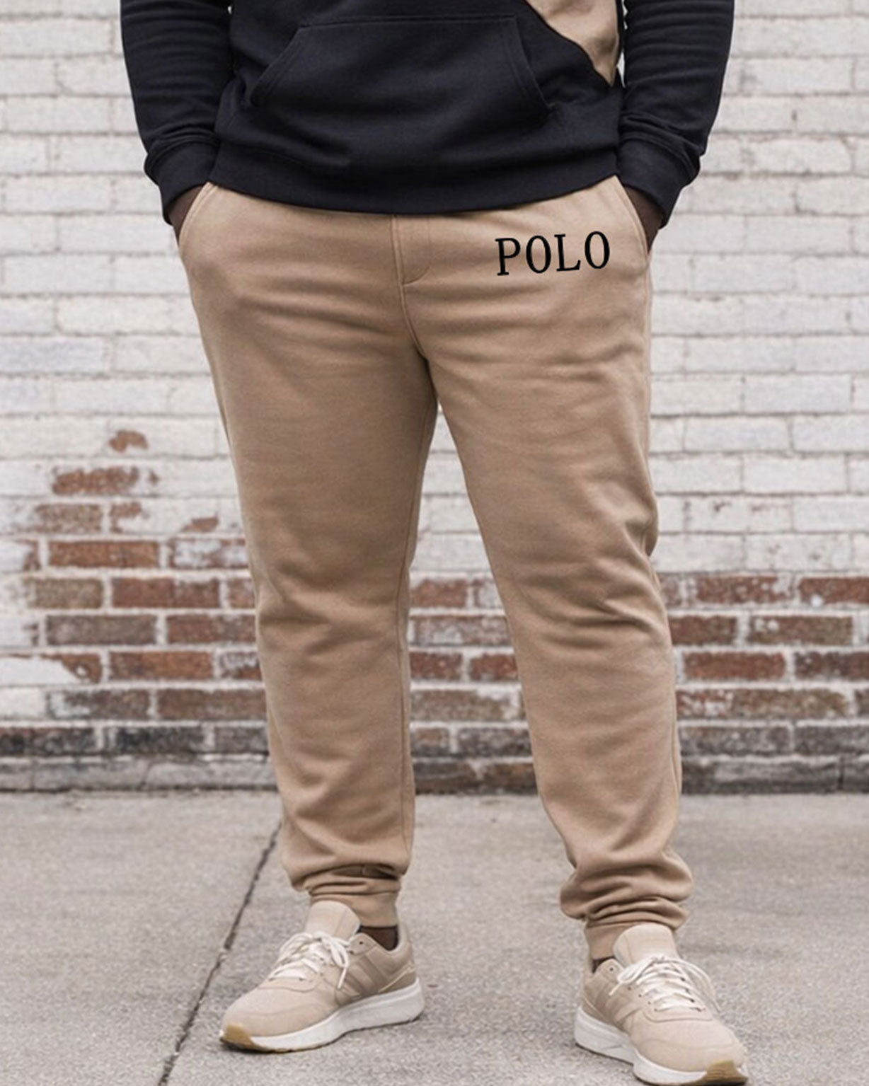 Men's Plus Size Autumn And Winter Warm Khaki & Black Irregular Geometric Patchwork Printed Hoodie Sweatpants Set