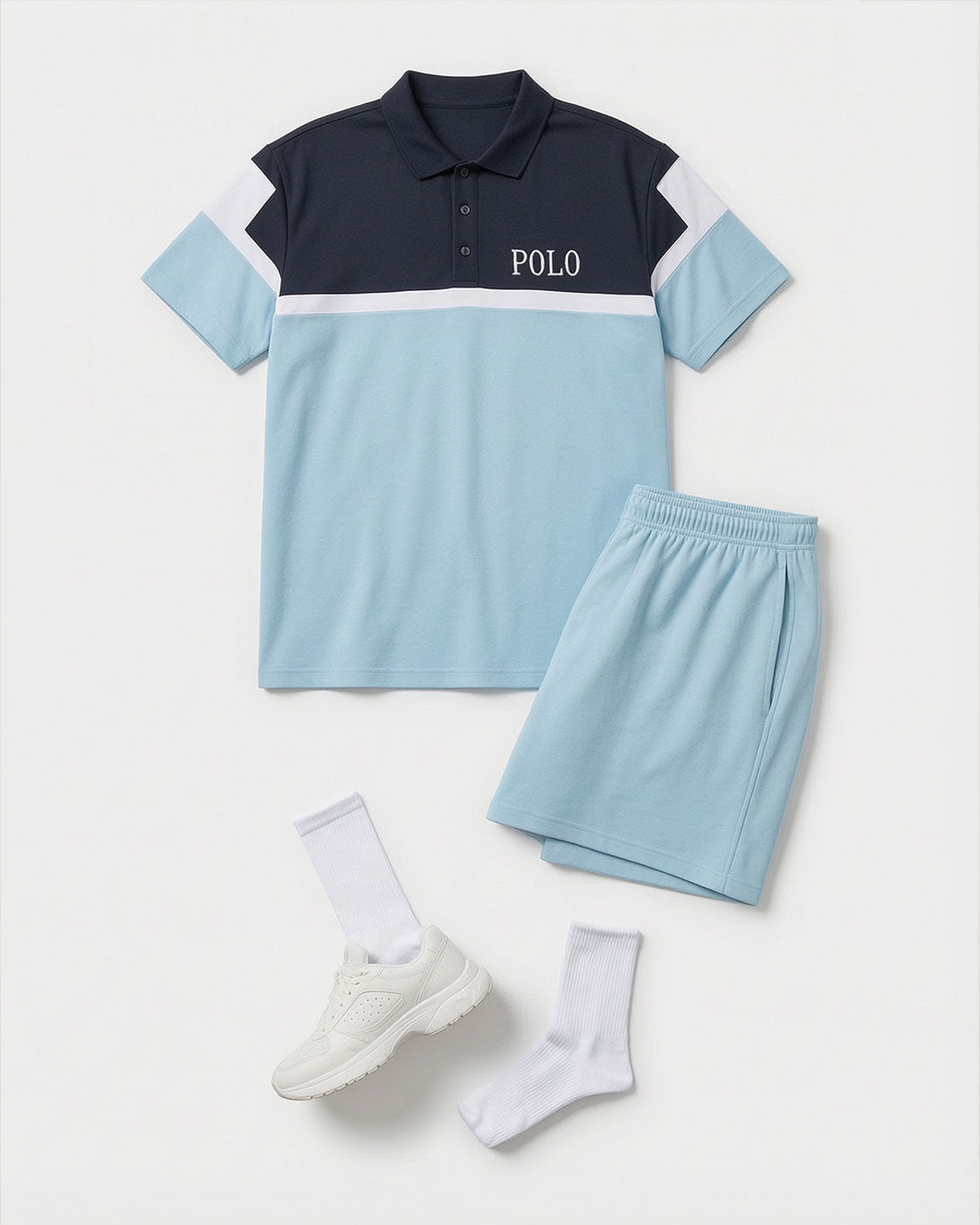 Big & Tall Men's Blue Contrast Color Simple Business Casual POLO Shirt Short Sleeve Shorts Set