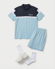 Big & Tall Men's Blue Contrast Color Simple Business Casual POLO Shirt Short Sleeve Shorts Set